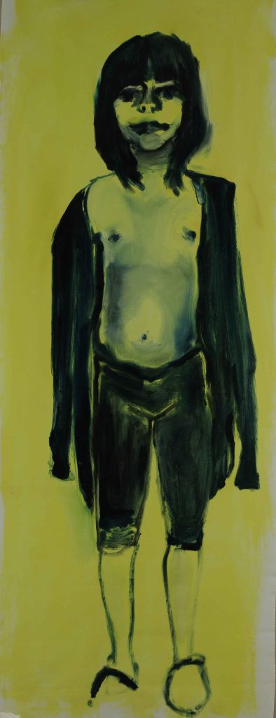 Βάσω Τζούτη, vasso tzouti, smiling Kouros wearing slippers oil on canvas 200 x 80