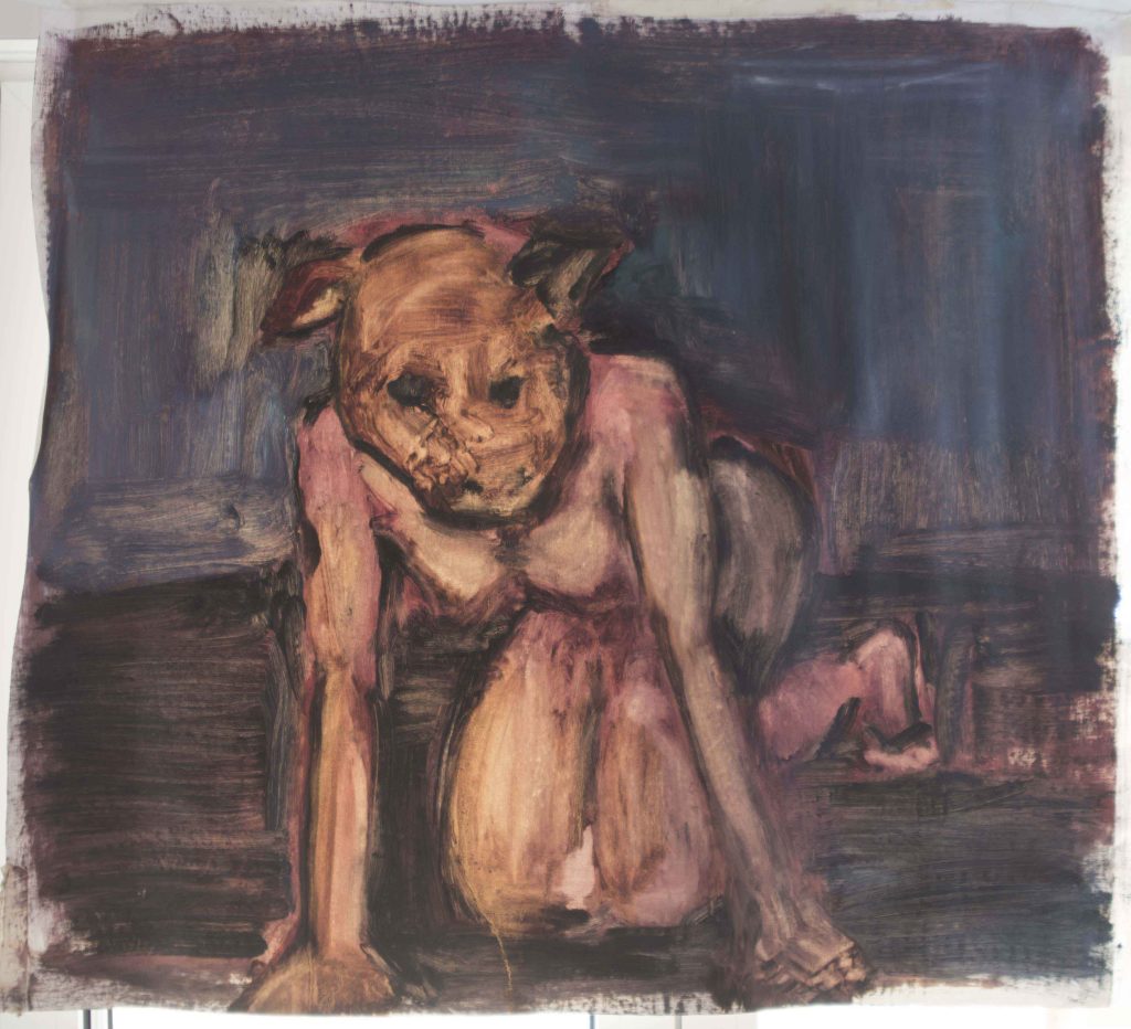 Βάσω Τζούτη, vasso tzouti, pink pig bending over oil on canvas 92 x 107 cm