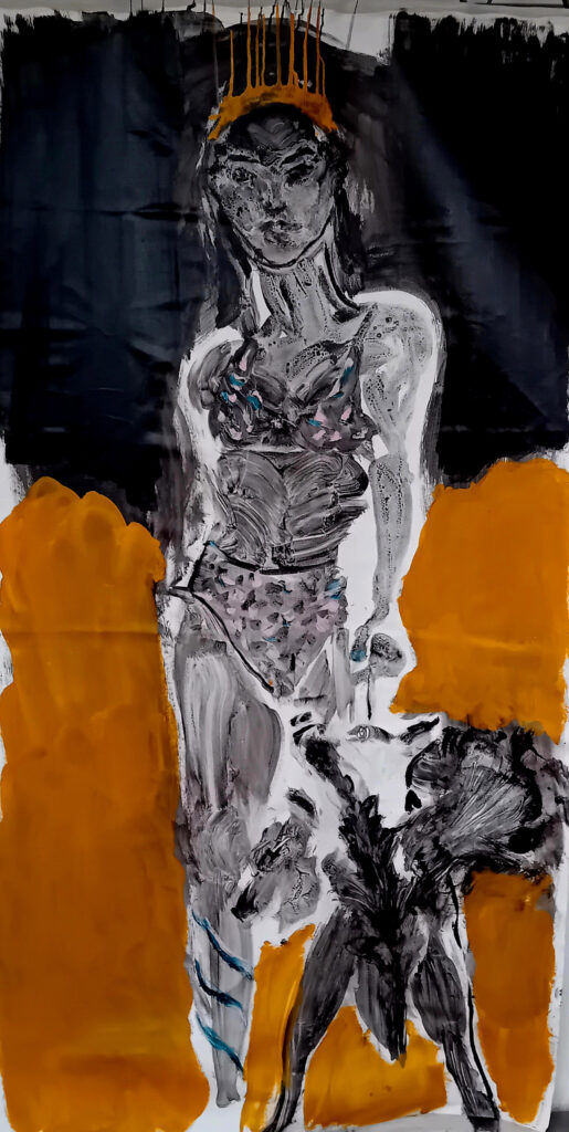 persephone wearing props inspired from a video game Pigments and stick oil on canvas 200 x 100 cm